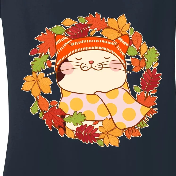 Autumn Cat Wreath Women's V-Neck T-Shirt