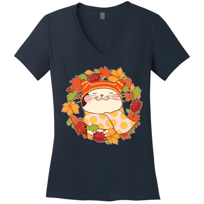 Autumn Cat Wreath Women's V-Neck T-Shirt