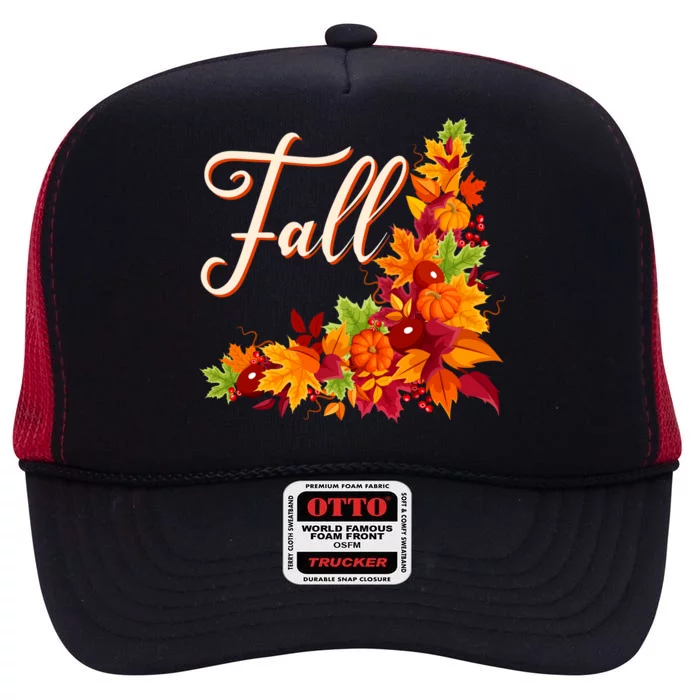 Autumn Fall Leaves Corner Design High Crown Mesh Trucker Hat