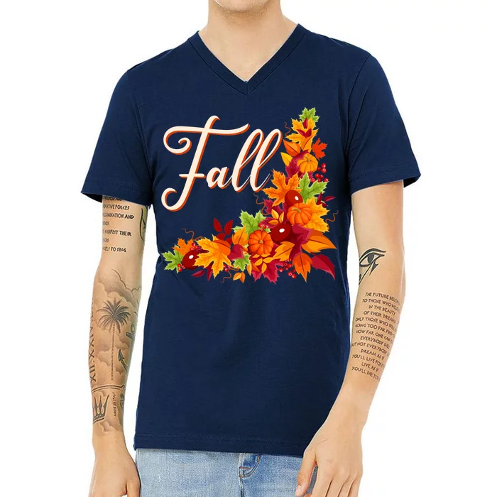 Autumn Fall Leaves Corner Design V-Neck T-Shirt