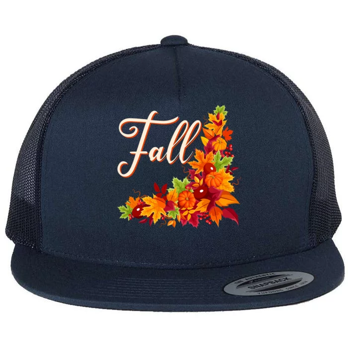 Autumn Fall Leaves Corner Design Flat Bill Trucker Hat