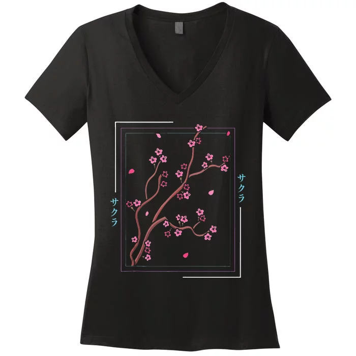 Asia Vaporwave Asian Japanese Sakura Aesthetic Indie Women's V-Neck T-Shirt