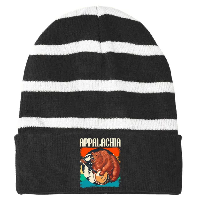 Appalachia Vintage Banjo Player Bluegrass Musician Striped Beanie with Solid Band