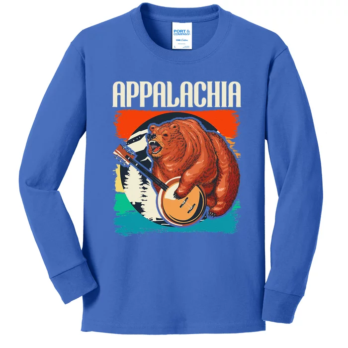 Appalachia Vintage Bear Play Banjo Player Bluegrass Musician Kids Long Sleeve Shirt