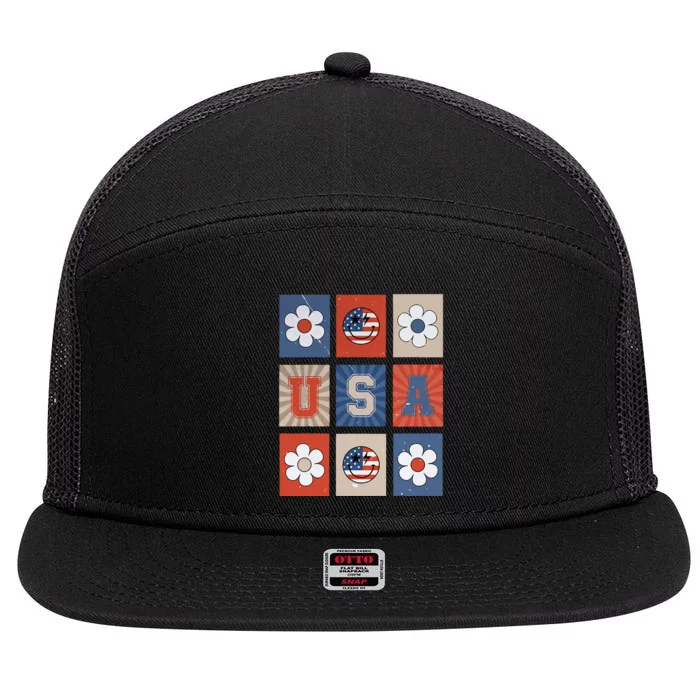 America Vibes Cute Smile Face USA American Flag 4th Of July 7 Panel Mesh Trucker Snapback Hat