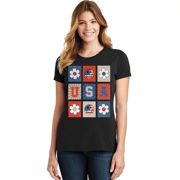 America Vibes Cute Smile Face USA American Flag 4th Of July Women's T-Shirt