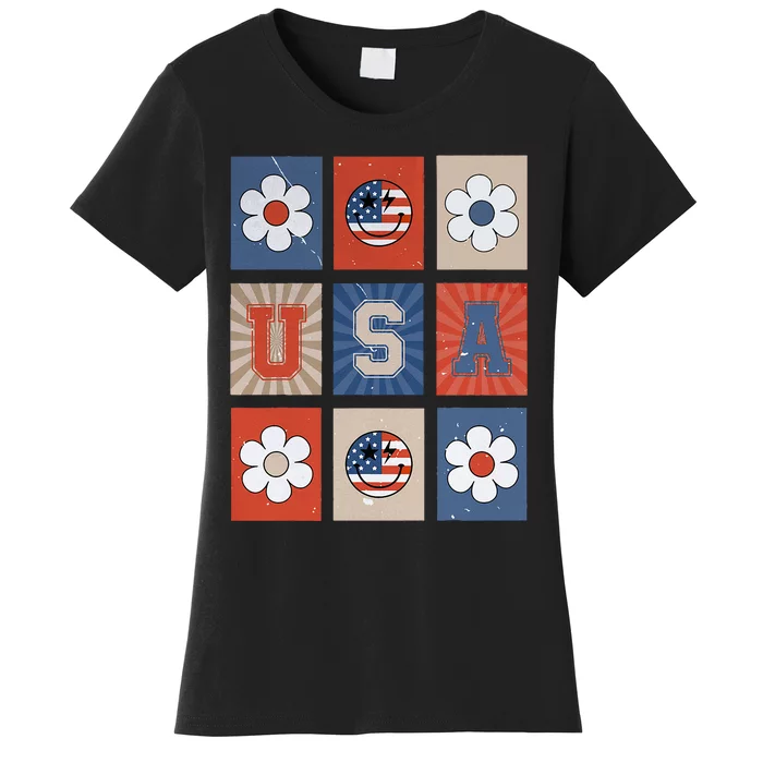 America Vibes Cute Smile Face USA American Flag 4th Of July Women's T-Shirt