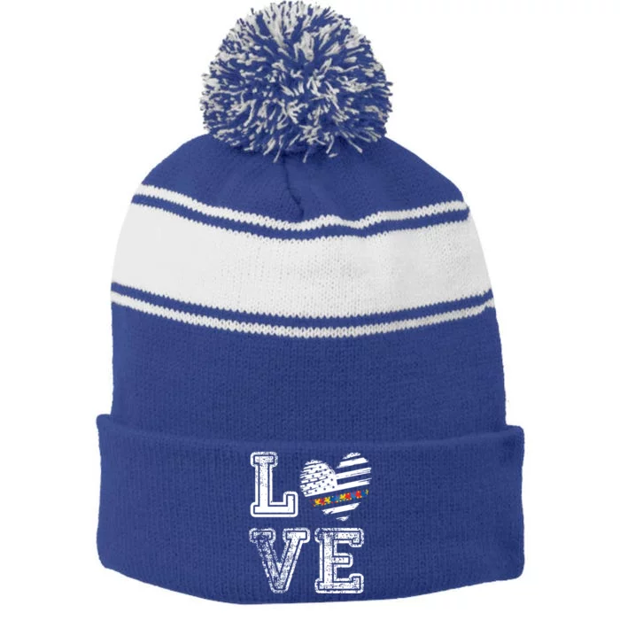 Autism Valentine's Day Cute Love Heart Puzzle Awareness Gift Stripe Pom Pom Beanie