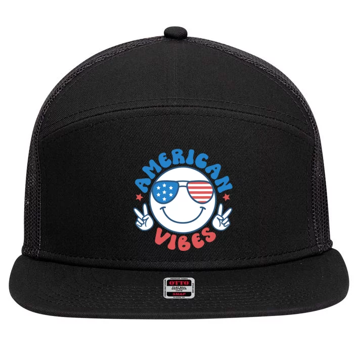 America Vibes Fourth 4th Of July Happy Face Smile Patriotic 7 Panel Mesh Trucker Snapback Hat