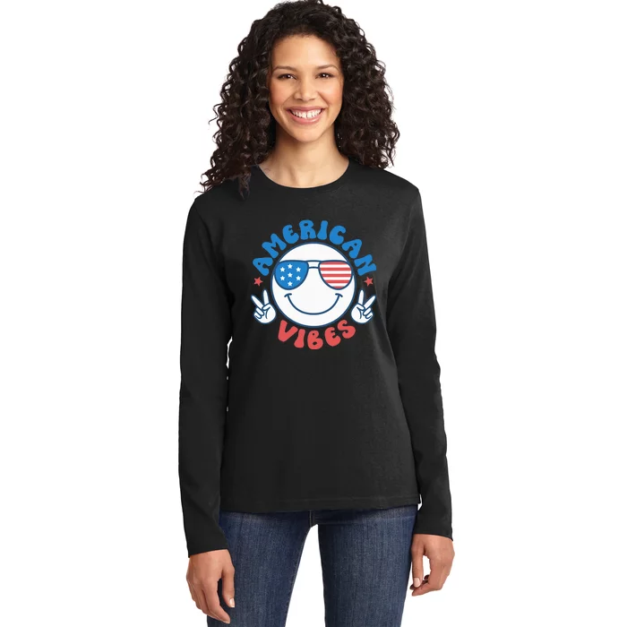 America Vibes Fourth 4th of July Happy Face Smile Patriotic Ladies Long Sleeve Shirt