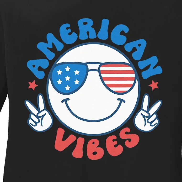 America Vibes Fourth 4th of July Happy Face Smile Patriotic Ladies Long Sleeve Shirt