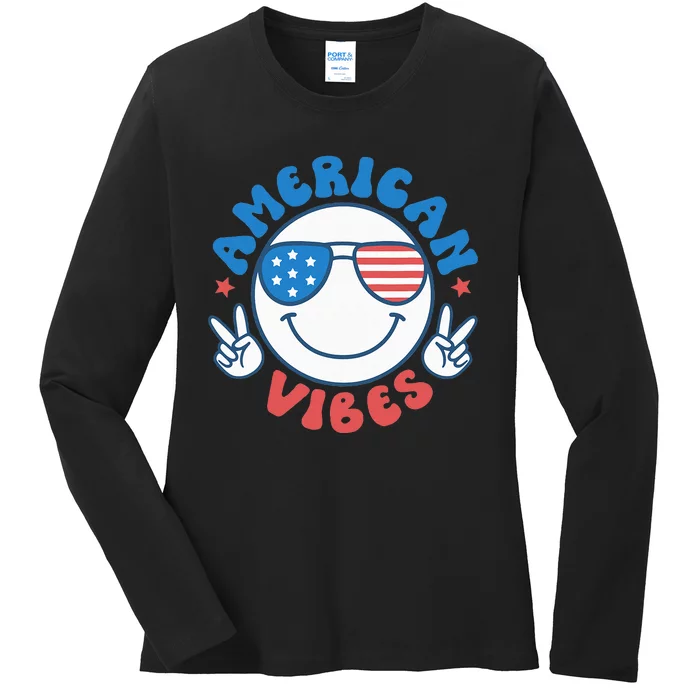 America Vibes Fourth 4th of July Happy Face Smile Patriotic Ladies Long Sleeve Shirt