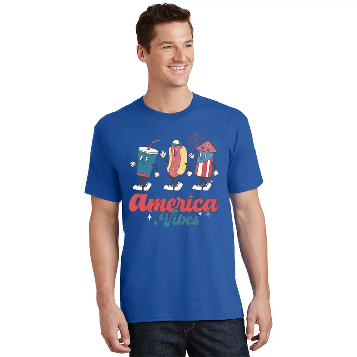 America Vibes Fireworks Hot Dog Retro Groovy 4th Of July Gift T-Shirt