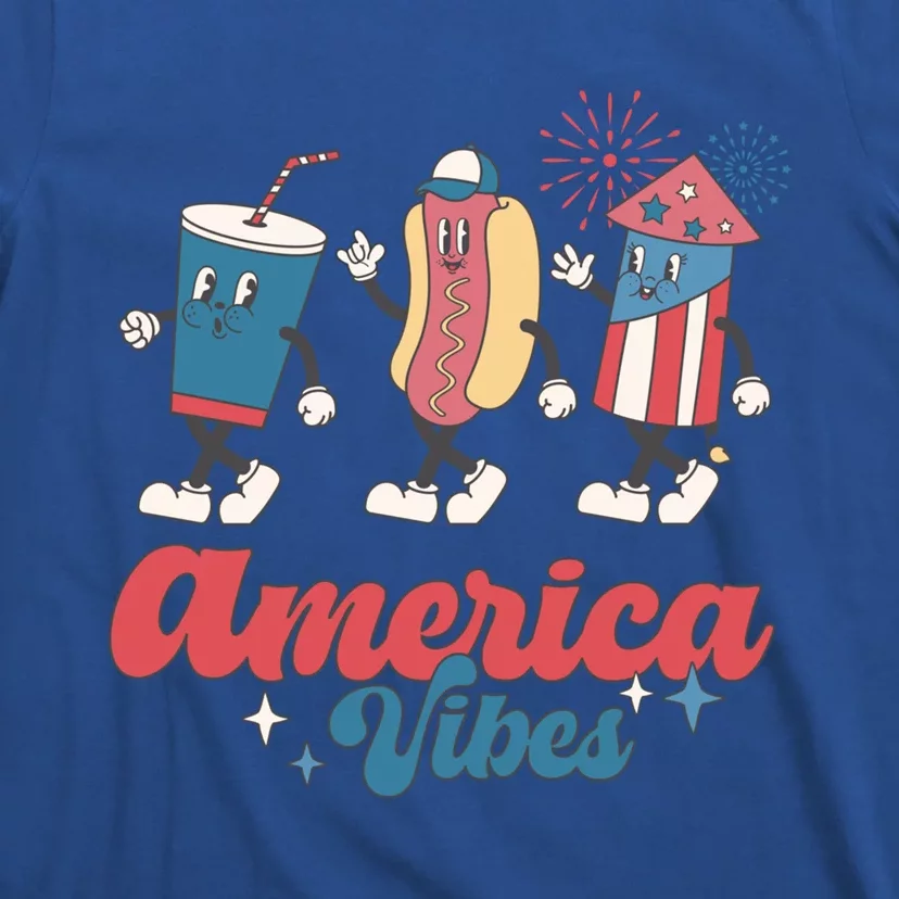 America Vibes Fireworks Hot Dog Retro Groovy 4th Of July Gift T-Shirt