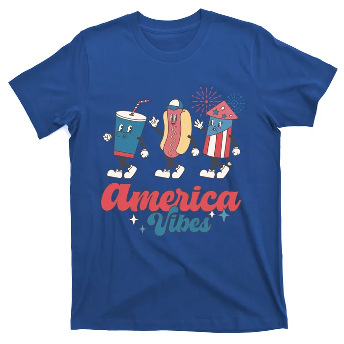 America Vibes Fireworks Hot Dog Retro Groovy 4th Of July Gift T-Shirt