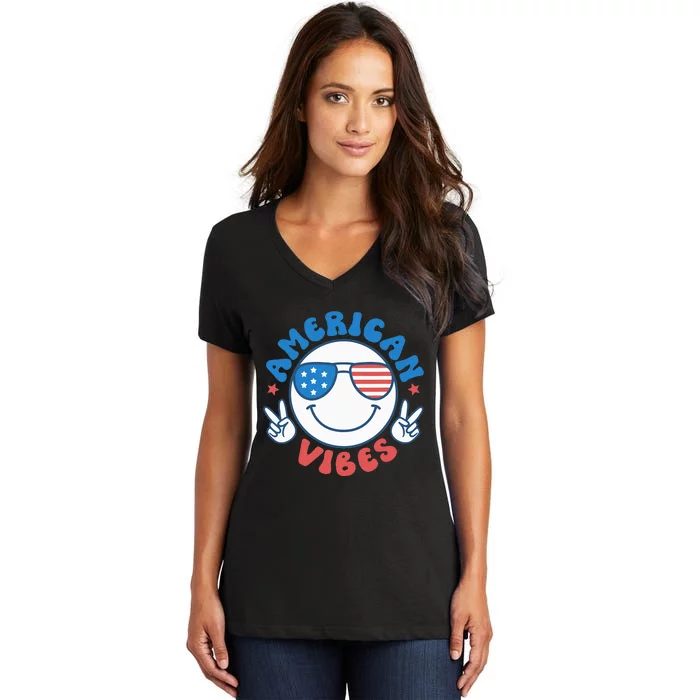 America Vibes Fourth 4th of July Happy Face Smile Patriotic Women's V-Neck T-Shirt