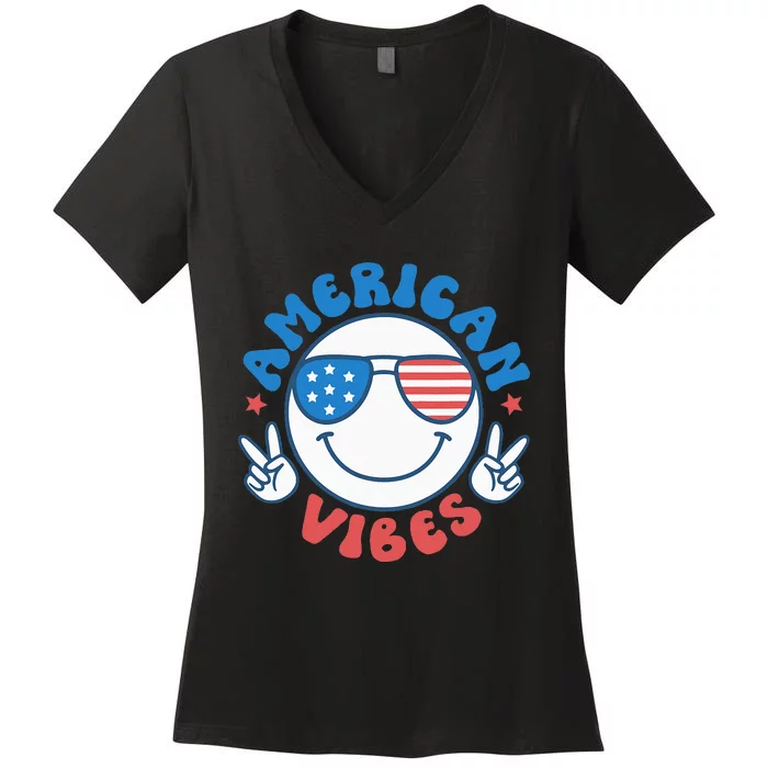 America Vibes Fourth 4th of July Happy Face Smile Patriotic Women's V-Neck T-Shirt