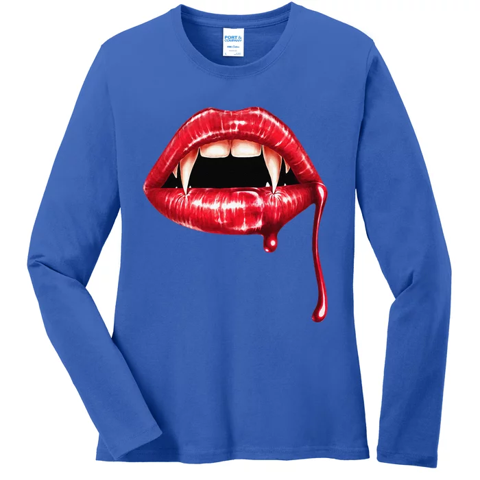 Awesome Vampire Fangs Lips Halloween Trick Or Treat Ladies Long Sleeve Shirt