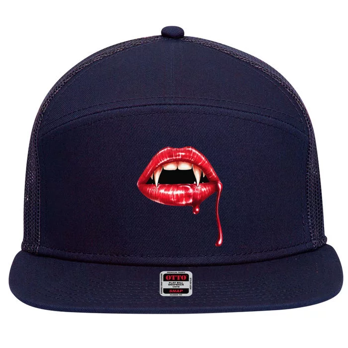 Awesome Vampire Fangs Lips Halloween Trick Or Treat 7 Panel Mesh Trucker Snapback Hat