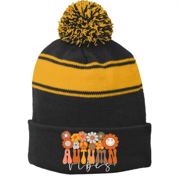 Autumn Vibes Groovy Design Fall Lover Thanksgiving Day Stripe Pom Pom Beanie