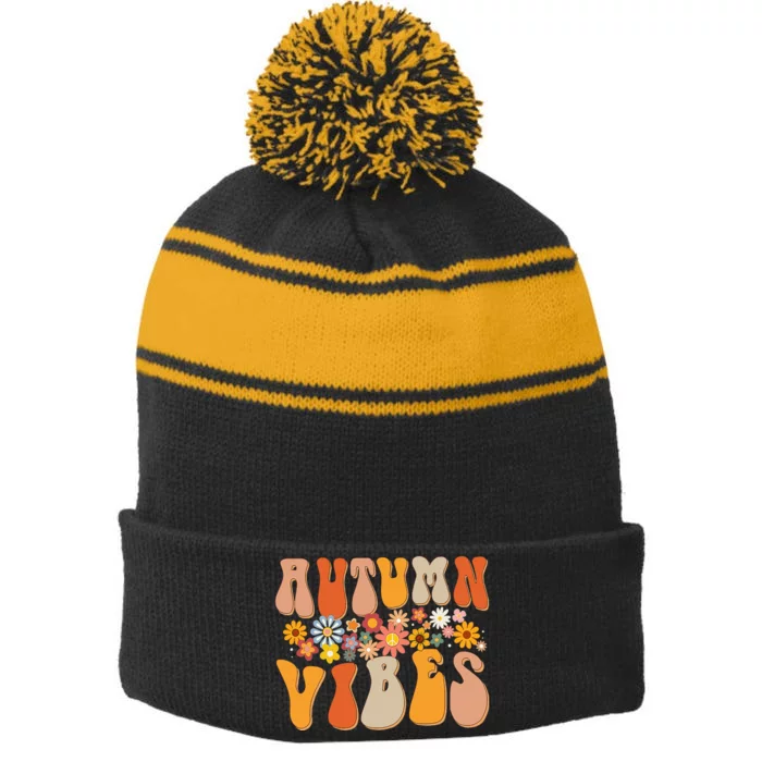 Autumn Vibes Groovy Design Fall Lover Thanksgiving Day Stripe Pom Pom Beanie