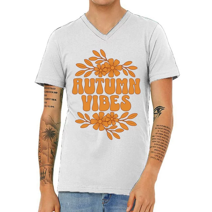 Autumn Vibes Groovy Floral Retro Fall Graphic V-Neck T-Shirt