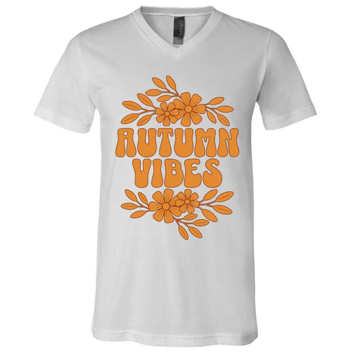 Autumn Vibes Groovy Floral Retro Fall Graphic V-Neck T-Shirt