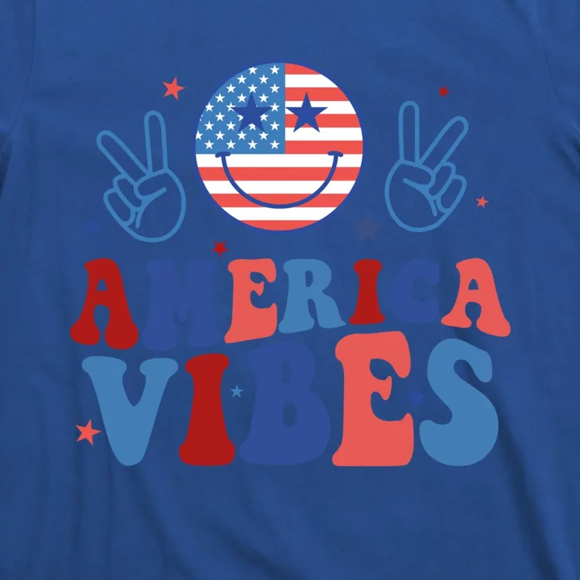 America Vibes Groovy Smile Emotion Usa Flag 4th Of July Gift T-Shirt