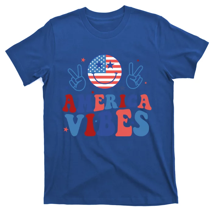 America Vibes Groovy Smile Emotion Usa Flag 4th Of July Gift T-Shirt