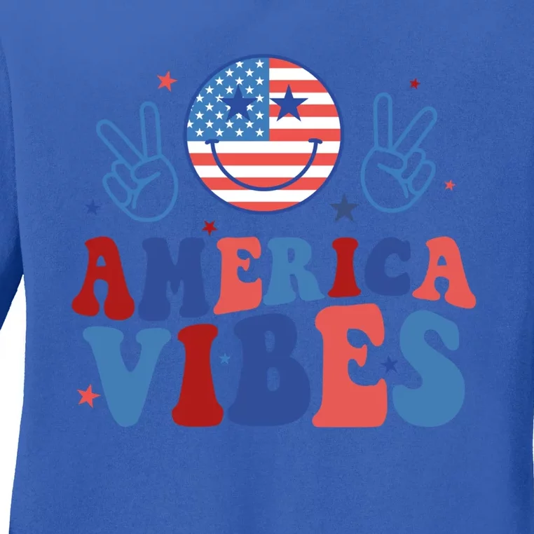 America Vibes Groovy Smile Emotion Usa Flag 4th Of July Gift Ladies Long Sleeve Shirt