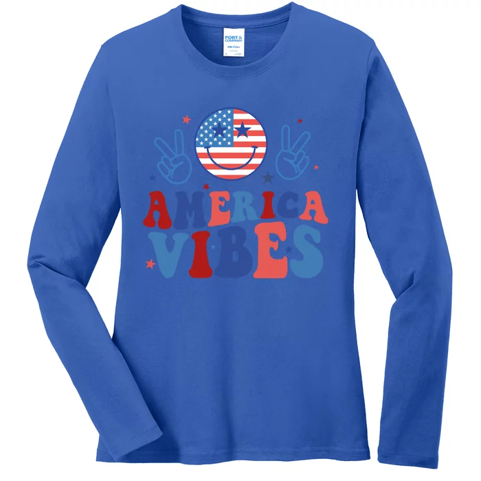 America Vibes Groovy Smile Emotion Usa Flag 4th Of July Gift Ladies Long Sleeve Shirt