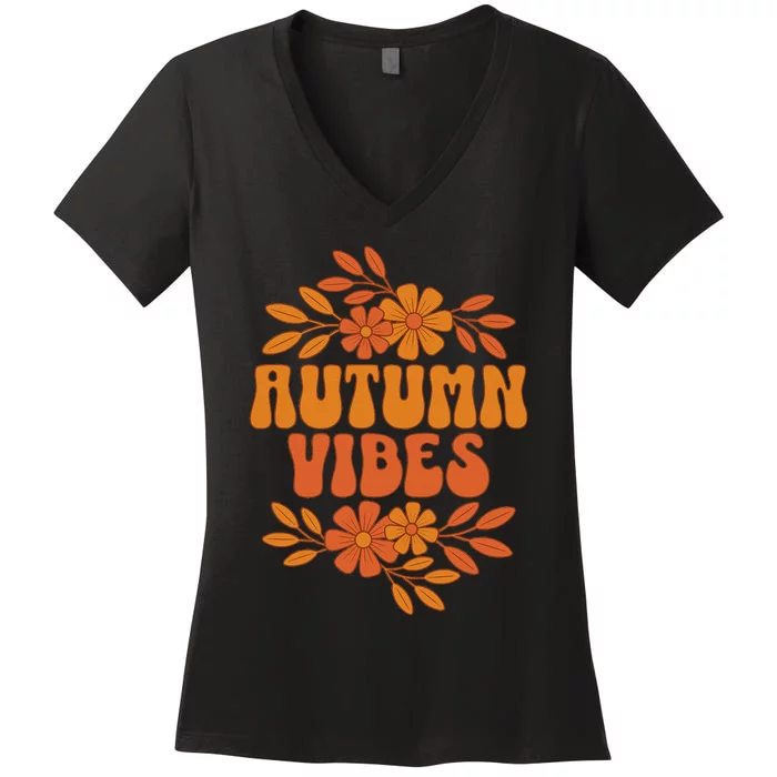 Autumn Vibes Groovy Floral Retro Fall Women's V-Neck T-Shirt