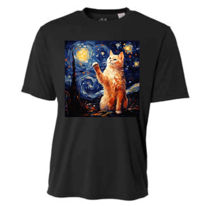 Art Van Gogh Starry Night Cat Gifts For Cats Lover Mom Dad Cooling Performance Crew T-Shirt