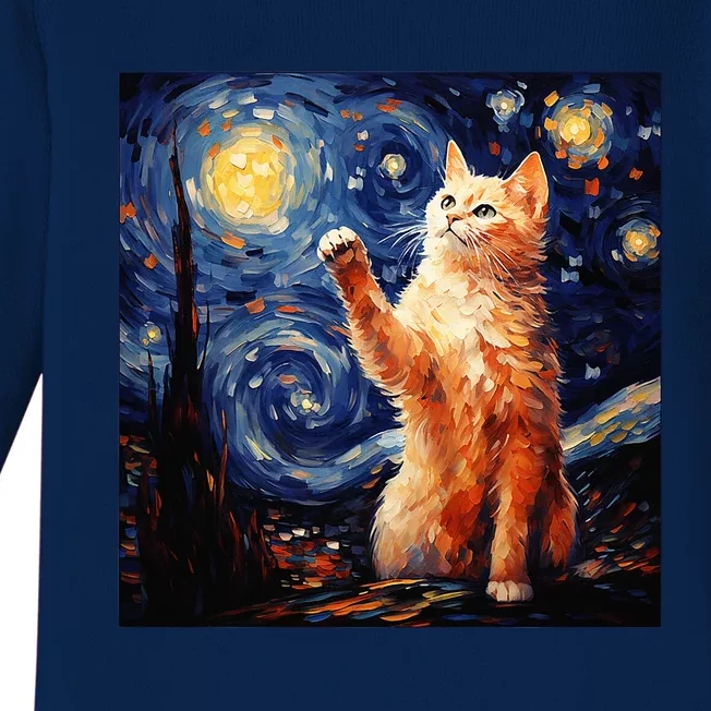 Art Van Gogh Starry Night Cat Gifts For Cats Lover Mom Dad Baby Long Sleeve Bodysuit