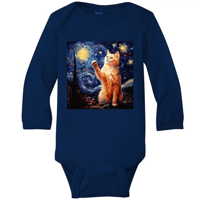 Art Van Gogh Starry Night Cat Gifts For Cats Lover Mom Dad Baby Long Sleeve Bodysuit