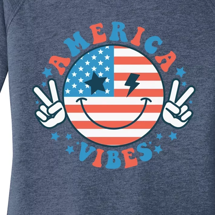 America Vibes Happy Face Smile American Flag 4th Of July Great Gift Women's Perfect Tri Tunic Long Sleeve Shirt