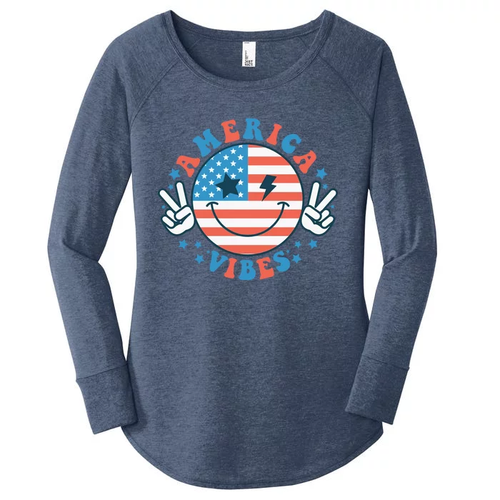 America Vibes Happy Face Smile American Flag 4th Of July Great Gift Women's Perfect Tri Tunic Long Sleeve Shirt