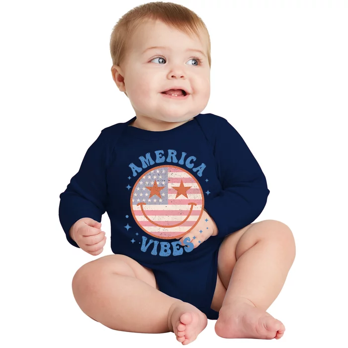 America Vibes Happy Face Smile American Flag 4th Of July Gift Baby Long Sleeve Bodysuit