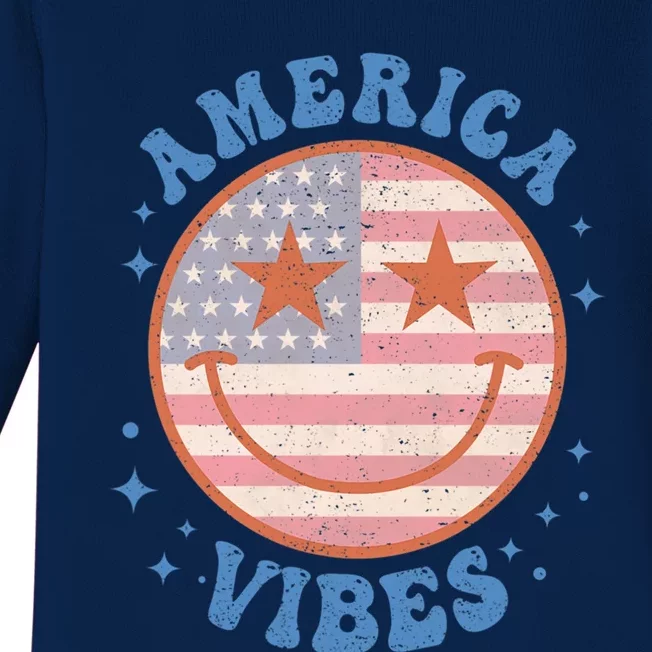 America Vibes Happy Face Smile American Flag 4th Of July Gift Baby Long Sleeve Bodysuit