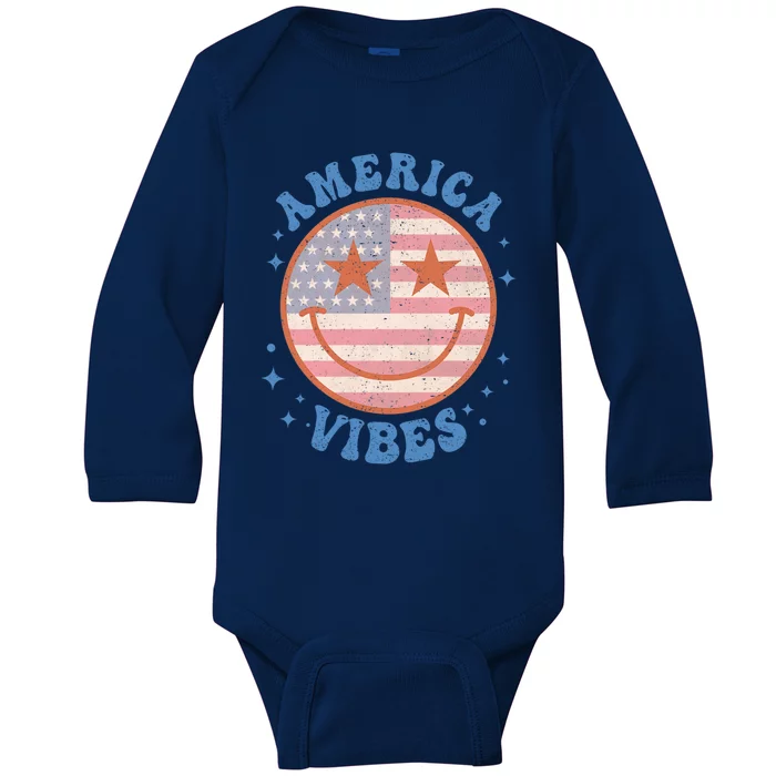 America Vibes Happy Face Smile American Flag 4th Of July Gift Baby Long Sleeve Bodysuit