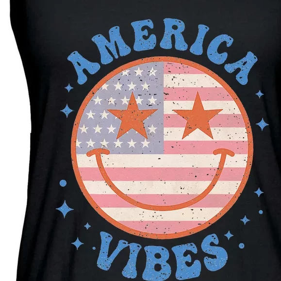 America Vibes Happy Face Smile American Flag 4th Of July Ladies Essential Flowy Tank