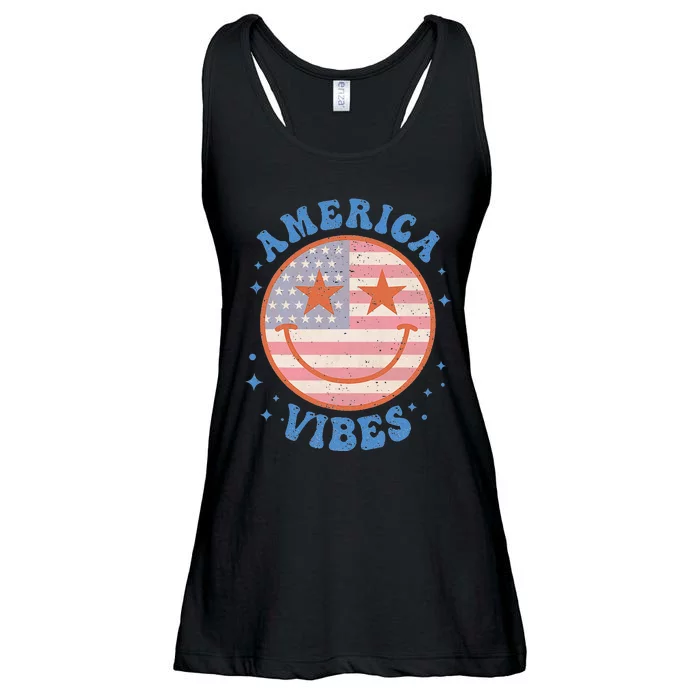 America Vibes Happy Face Smile American Flag 4th Of July Ladies Essential Flowy Tank