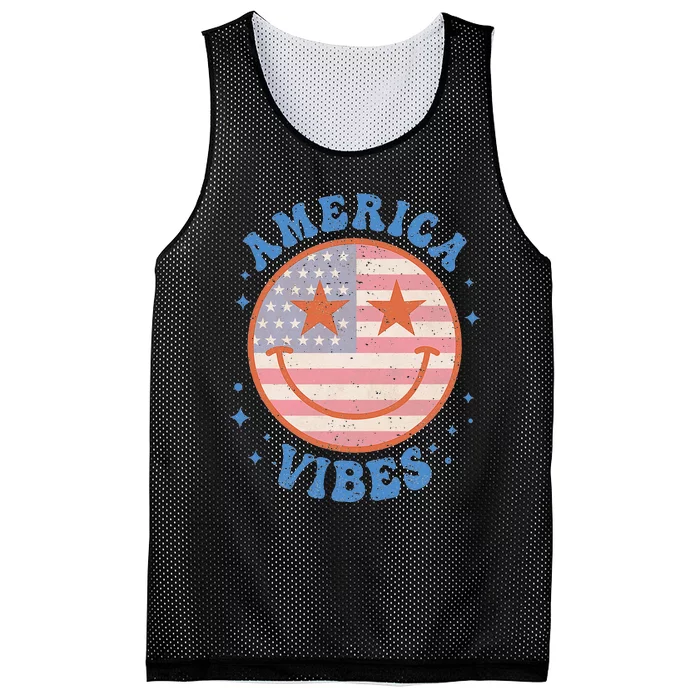 America Vibes Happy Face Smile American Flag 4th Of July Mesh Reversible Basketball Jersey Tank