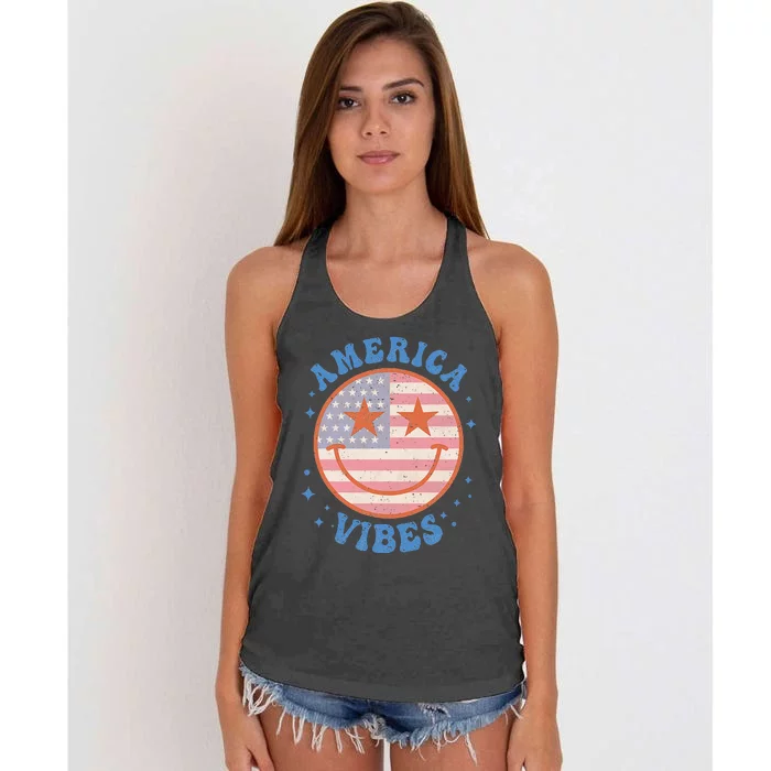 America Vibes Happy Face Smile American Flag 4th Of July Women's Knotted Racerback Tank