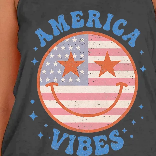 America Vibes Happy Face Smile American Flag 4th Of July Women's Knotted Racerback Tank