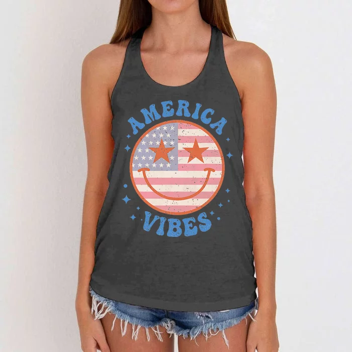 America Vibes Happy Face Smile American Flag 4th Of July Women's Knotted Racerback Tank