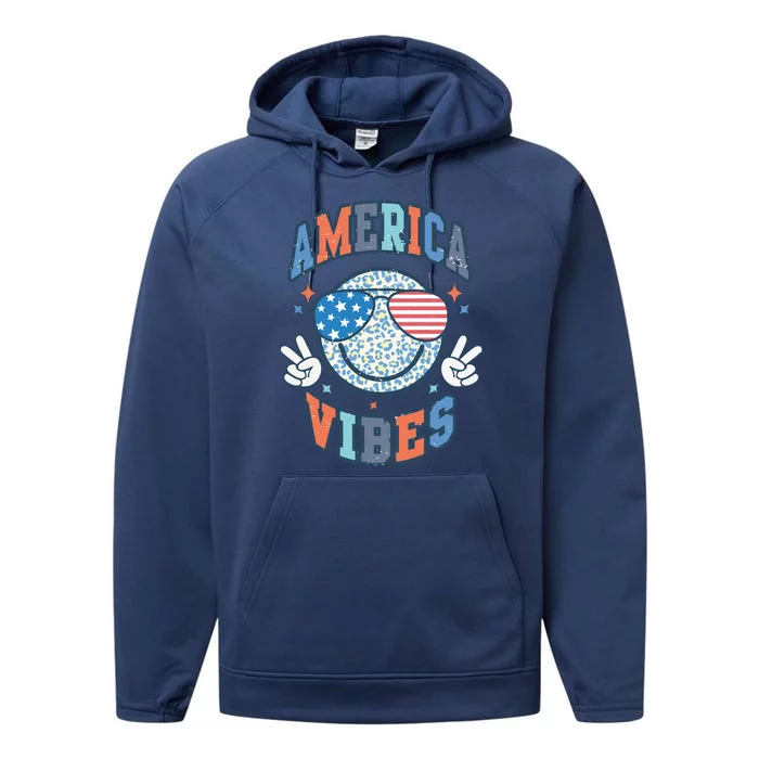 America Vibes Happy 4th Of July Leopard Patriotic Usa Flag Gift Performance Fleece Hoodie