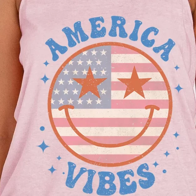 America Vibes Happy Face Smile American Flag 4th Of July Cool Gift Women's Knotted Racerback Tank