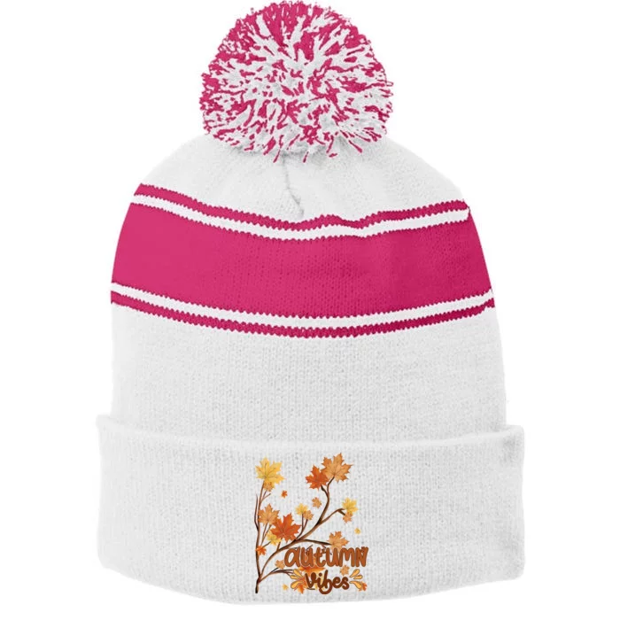 Autumn Vibes Leaves Cozy Stripe Pom Pom Beanie