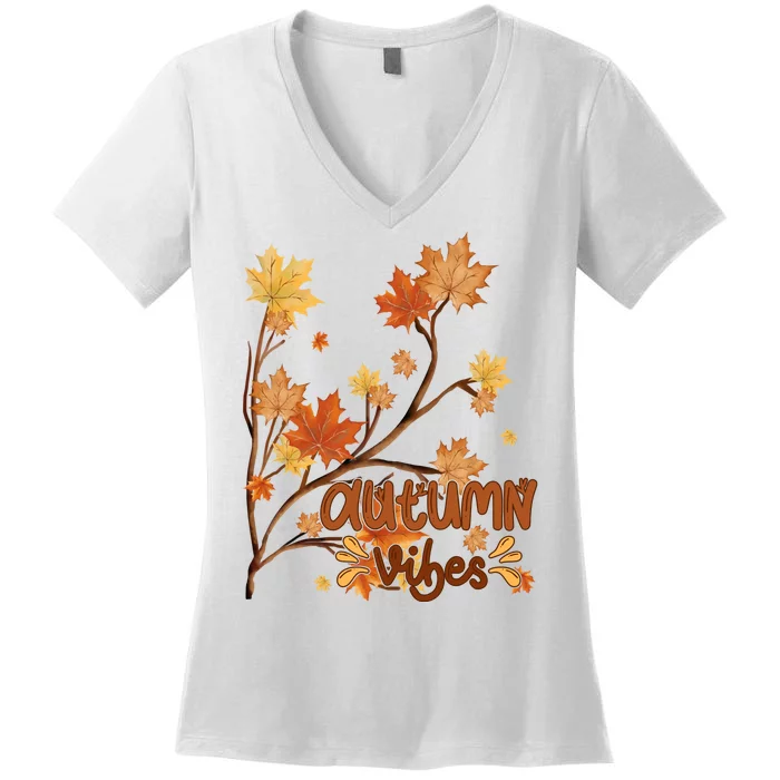 Autumn Vibes Leaves Cozy Women's V-Neck T-Shirt